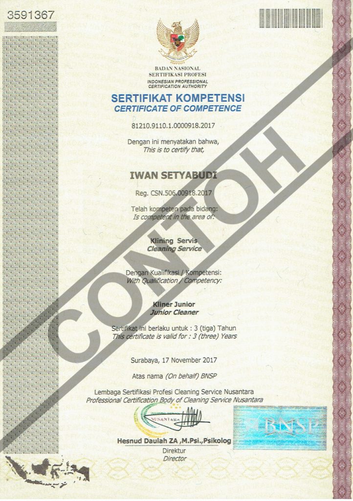 Contoh Sertifikat Kompetensi - LSP Cleaning Service Nusantara